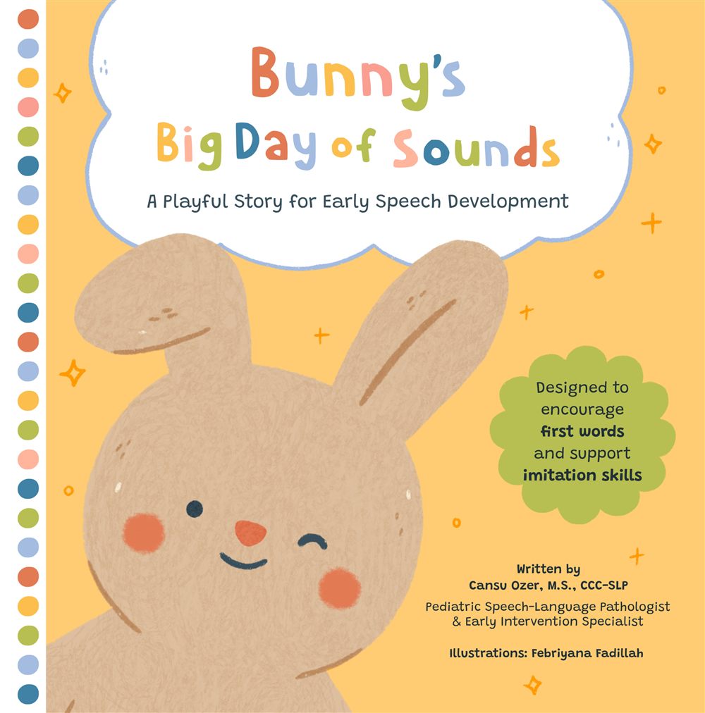Bunny's Big Day of Sounds book cover, featuring a smiling bunny and a speech bubble